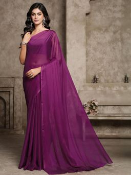 Garden VARELI - Women Purple Solid Chiffon Saree Without Blouse