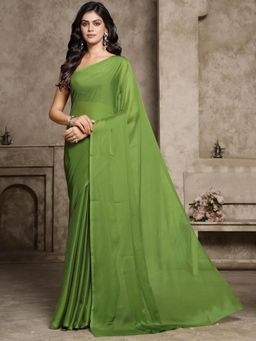 Garden VARELI - Women Olive Solid Chiffon Saree Without Blouse