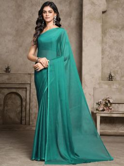 Garden VARELI - Women Teal Solid Chiffon Saree Without Blouse