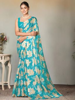 Garden VARELI - Women Turquoise Floral Printed Chiffon Saree Without Blouse