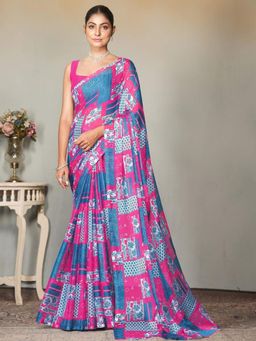 Garden VARELI - Women Pink Printed Chiffon Saree Without Blouse