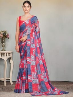 Garden VARELI - Women Red Printed Chiffon Saree Without Blouse