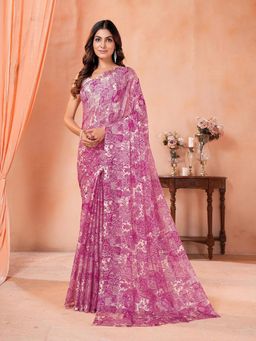 Garden VARELI - Women Magenta Paisley Printed Chiffon Saree Without Blouse