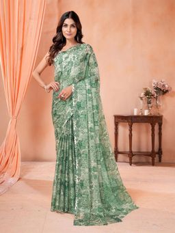 Garden VARELI - Women Green Paisley Printed Chiffon Saree Without Blouse