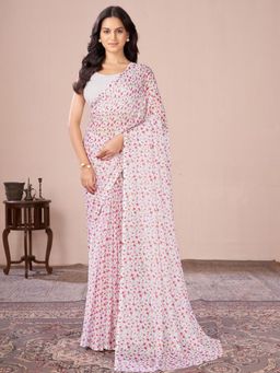 Garden VARELI - Women Pink Floral Printed Chiffon Saree Without Blouse
