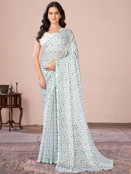 Garden VARELI - Women Turquoise Floral Printed Chiffon Saree Without Blouse