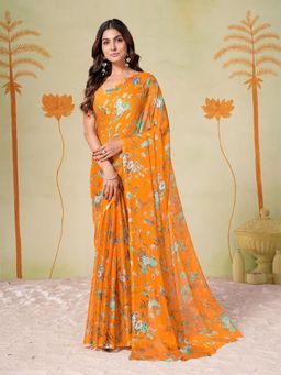 Garden VARELI - Women Orange Floral Printed Chiffon Saree Without Blouse