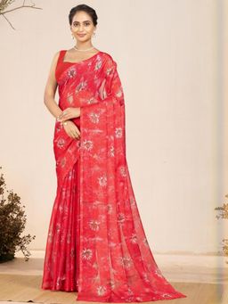 Garden VARELI - Women Red Floral Printed Chiffon Saree Without Blouse