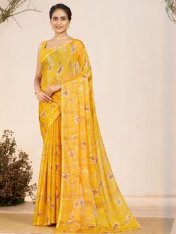 Garden VARELI - Women Yellow Floral Printed Chiffon Saree Without Blouse