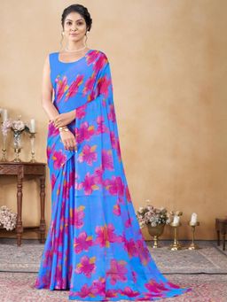 Garden VARELI - Women Blue Floral Printed Chiffon Saree Without Blouse