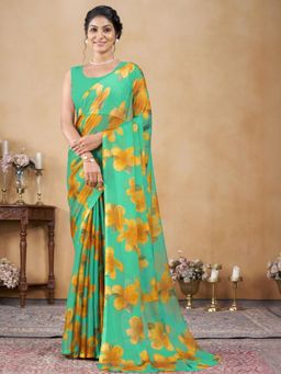 Garden VARELI - Women Green Floral Printed Chiffon Saree Without Blouse