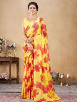 Garden VARELI - Women Yellow Floral Printed Chiffon Saree Without Blouse