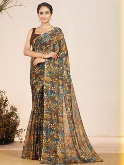 Garden VARELI - Women Brown Floral Printed Chiffon Saree Without Blouse