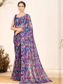Garden VARELI - Women Blue Floral Printed Chiffon Saree Without Blouse