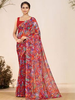 Garden VARELI - Women Red Floral Printed Chiffon Saree Without Blouse