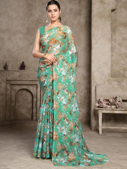 Garden VARELI - Women Teal Floral Printed Chiffon Saree Without Blouse