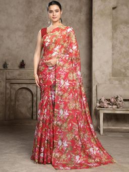Garden VARELI - Women Red Floral Printed Chiffon Saree Without Blouse