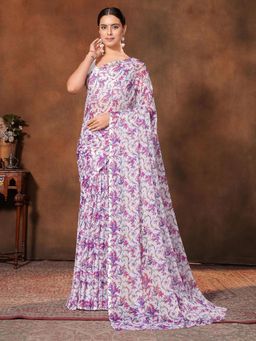 Garden VARELI - Women Purple Floral Printed Chiffon Saree Without Blouse