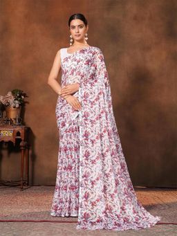Garden VARELI - Women Red Floral Printed Chiffon Saree Without Blouse