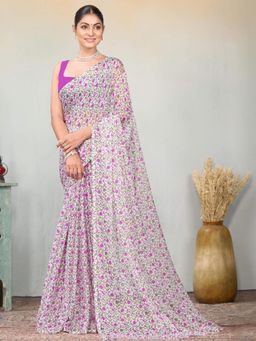 Garden VARELI - Women Lavender Floral Printed Chiffon Saree Without Blouse