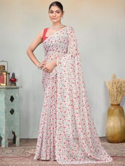 Garden VARELI - Women Red Floral Printed Chiffon Saree Without Blouse