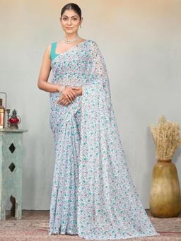 Garden VARELI - Women Turquoise Floral Printed Chiffon Saree Without Blouse