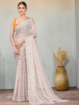 Garden VARELI - Women Yellow Floral Printed Chiffon Saree Without Blouse