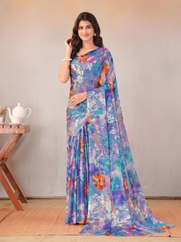 Garden VARELI - Women Blue Floral Printed Chiffon Saree Without Blouse
