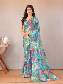 Garden VARELI - Women Teal Floral Printed Chiffon Saree Without Blouse