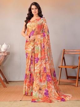 Garden VARELI - Women Orange Floral Printed Chiffon Saree Without Blouse