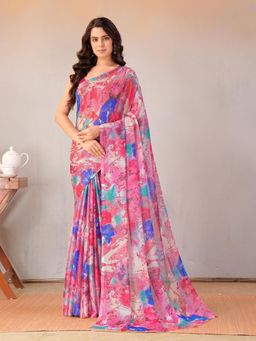 Garden VARELI - Women Pink Floral Printed Chiffon Saree Without Blouse