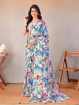 Garden VARELI - Women Blue Abstract Printed Chiffon Saree Without Blouse