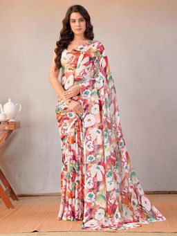 Garden VARELI - Women Red Abstract Printed Chiffon Saree Without Blouse