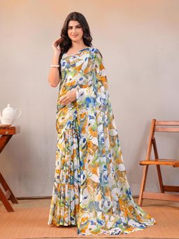 Garden VARELI - Women Yellow Abstract Printed Chiffon Saree Without Blouse