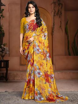 Garden VARELI - Women Yellow Floral Printed Chiffon Saree Without Blouse