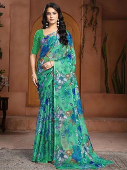 Garden VARELI - Women Teal Floral Printed Chiffon Saree Without Blouse