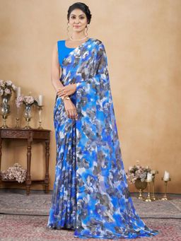 Garden VARELI - Women Blue Floral Printed Chiffon Saree Without Blouse