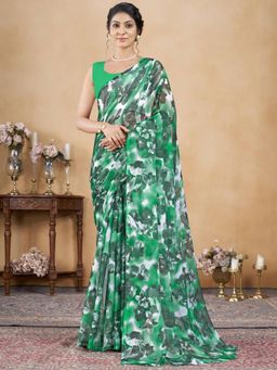 Garden VARELI - Women Green Floral Printed Chiffon Saree Without Blouse
