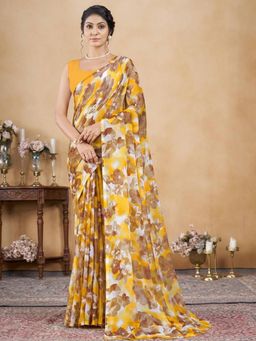 Garden VARELI - Women Yellow Floral Printed Chiffon Saree Without Blouse