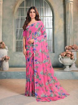 Garden VARELI - Women Pink Floral Printed Chiffon Saree Without Blouse