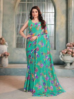 Garden VARELI - Women Teal Floral Printed Chiffon Saree Without Blouse