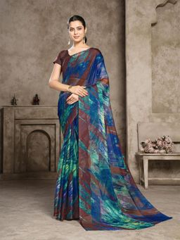 Garden VARELI - Women Brown Abstract Printed Chiffon Saree Without Blouse