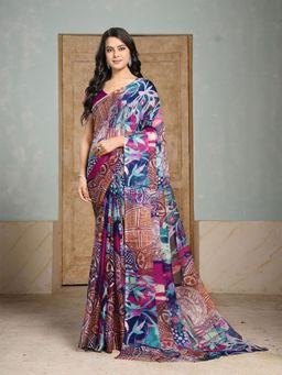 Garden VARELI - Women Multi-Color Abstract Printed Chiffon Saree Without Blouse