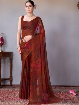 Garden VARELI - Women Brown Printed Chiffon Saree Without Blouse