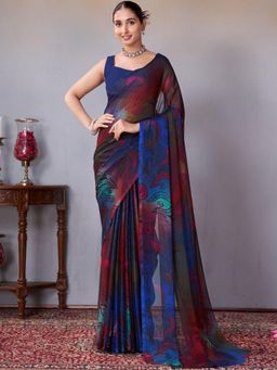 Garden VARELI - Women Blue Printed Chiffon Saree Without Blouse