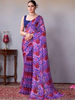 Garden VARELI - Women Lavender Floral Printed Chiffon Saree Without Blouse