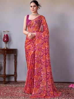 Garden VARELI - Women Purple Floral Printed Chiffon Saree Without Blouse