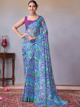 Garden VARELI - Women Blue Floral Printed Chiffon Saree Without Blouse