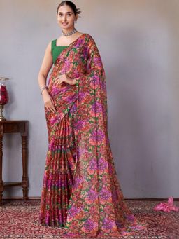 Garden VARELI - Women Green Floral Printed Chiffon Saree Without Blouse