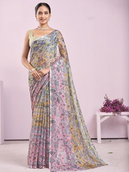 Garden VARELI - Women Multi-Color Abstract Printed Chiffon Saree Without Blouse